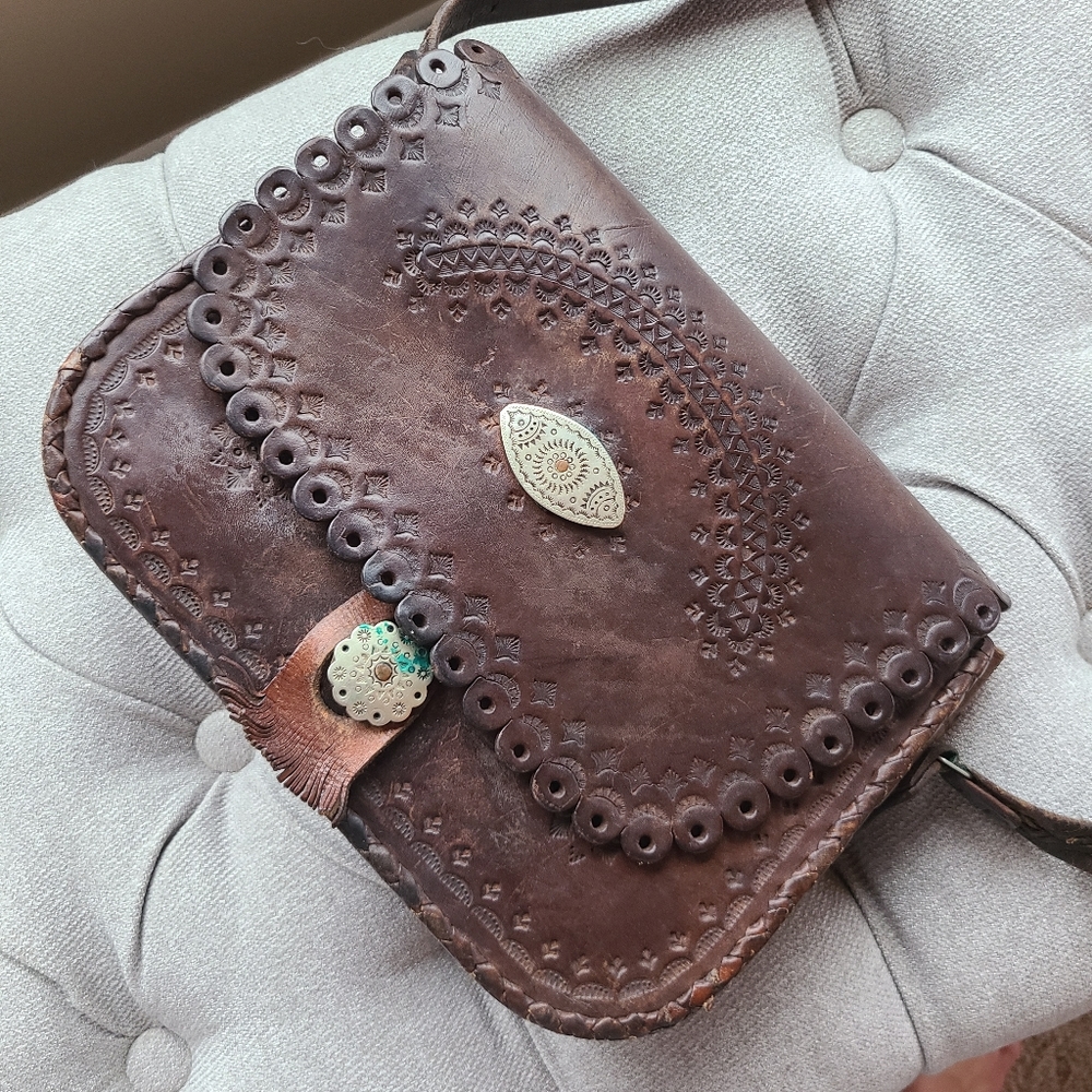Vintage Brown Leather Tooled Leather Purse Handbag